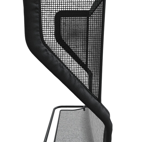 Close-up of a black mesh chair back with a geometric pattern and a metal frame.