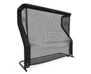 A black and gray sports rebound net with a sturdy frame, designed for practicing ball games, seen against a white background.