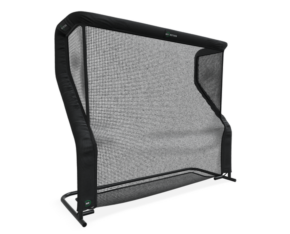 A black and gray sports rebound net with a sturdy frame, designed for practicing ball games, seen against a white background.