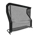 A large black sports net with a sturdy frame and angled sides, designed for returning balls, stands upright against a white background.