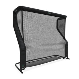 A large black sports net with a sturdy frame and angled sides, designed for returning balls, stands upright against a white background.