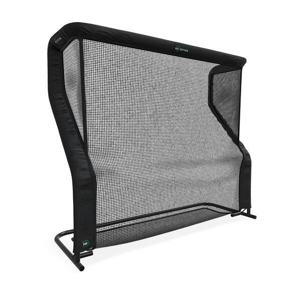 A large black sports net with a sturdy frame and angled sides, designed for returning balls, stands upright against a white background.