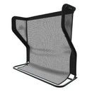 A black mesh back support for a chair with a sturdy frame designed to enhance posture and comfort.