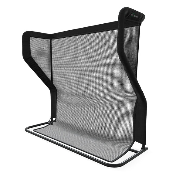 A black mesh back support for a chair with a sturdy frame designed to enhance posture and comfort.