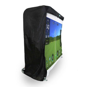 The Net Return Simulator Kit features a large indoor golf simulator screen partially covered by a black protective tarp, showcasing virtual golf metrics and course scenes—perfect for any garage golf setup.