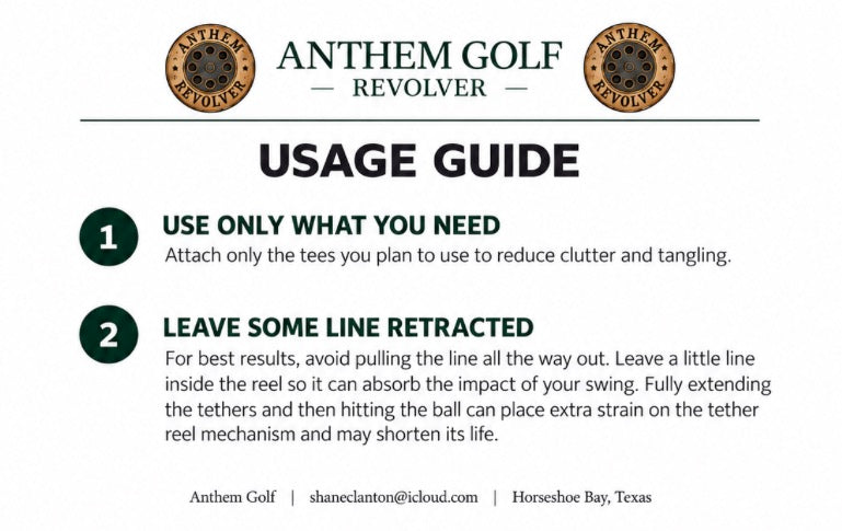 Anthem Golf Revolver usage guide: use only the tees you need, and leave some line retracted in each reel