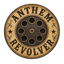 A circular logo featuring a vintage revolver pistol design with the text 'ANTHEM REVOLVER' in distressed black lettering on a tan and dark brown background, shown on a transparent background.