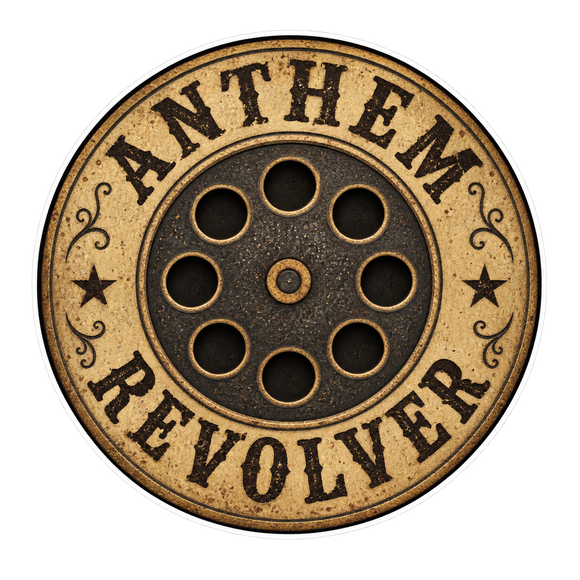 A circular logo featuring a vintage revolver pistol design with the text 'ANTHEM REVOLVER' in distressed black lettering on a tan and dark brown background, shown on a transparent background.