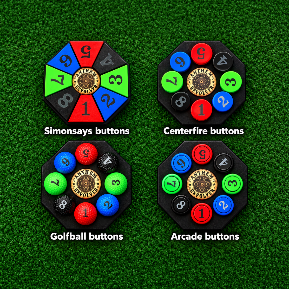 Anthem Golf Revolver Tee Carousel button styles: Simon Says, Centerfire, Golfball and Arcade