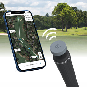 Shot Scope CONNEX tag on a golf club grip tapped against a smartphone showing the GPS hole map, with the course in the background