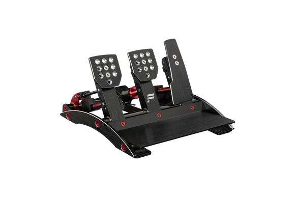 Fanatec ClubSport V3 pedal set — three-pedal configuration with adjustable load cell brake included in Turnkey packages