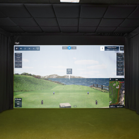 Carl's Place Built-In Golf Room Kit with Retractable Curtains and Ceiling Panels.