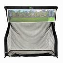 The Net Return Split Screen Accessory (net not included) features a printed green field and trees, ideal for golf simulator screens or hitting drills. Screens are not returnable.