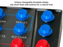 closeup of a control panel with blue and red buttons