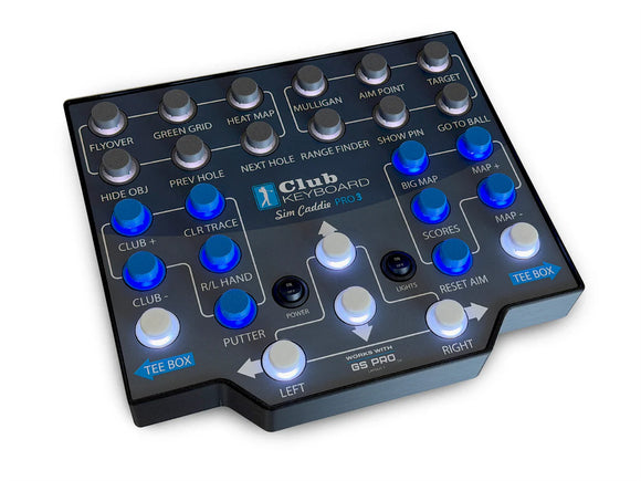 Blue golf control panel with buttons and labels