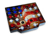 Golf simulator controller with aged American flag image on it and various buttons with labels