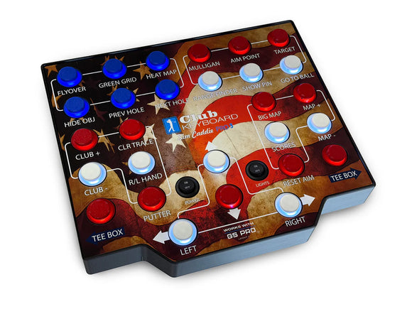 Golf simulator controller with aged American flag image on it and various buttons with labels