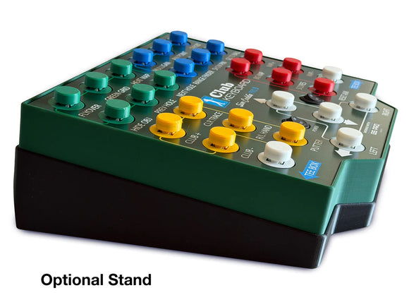golf control keyboard with labeled, colorful buttons sitting in a black stand