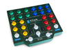green golf simulator control panel with various, colorful buttons and labels on a white background