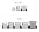Six soccer rebounders labeled Junior, Mini, and Home for Home Series; Pro, Pro 8, Pro 9, Pro 10, and Pro XL for Pro Series, shown in increasing size.