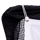 Close-up of The Net Return Simulator Screen (screens are not returnable) in black mesh and fabric, featuring a white drawstring with a bead threaded through a metal grommet.