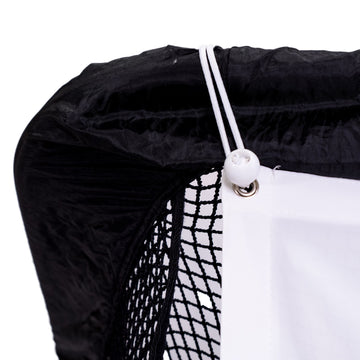 Close-up of The Net Return Simulator Screen (screens are not returnable) in black mesh and fabric, featuring a white drawstring with a bead threaded through a metal grommet.