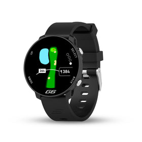 Shot Scope G6 GPS watch with black strap showing the full hole map