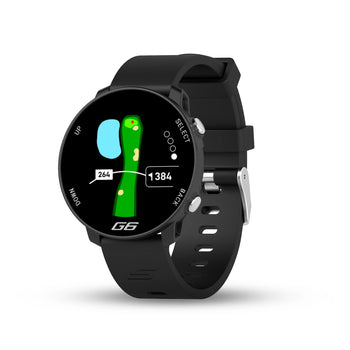 Shot Scope G6 GPS watch with black strap showing the full hole map