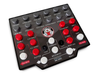 A black and red golf simulator practice pad with gray and white buttons, with a logo labeled Garage Golf Est 2017 on a black background.