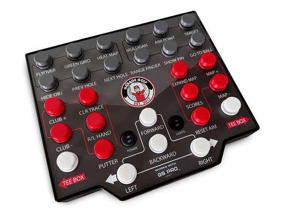 A black and red golf simulator practice pad with gray and white buttons, with a logo labeled Garage Golf Est 2017 on a black background.