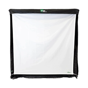The Net Return Custom Simulator Screen is a square, portable golf practice net with a durable white impact screen and black edging, perfect for indoor or outdoor golf training. Ideal as a simulator screen for realistic swing sessions anywhere.
