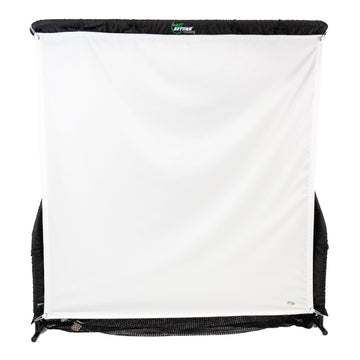 The Net Return Simulator Screen (not returnable) is a large, white rectangular golf simulator screen with a black frame, displayed against a plain white background.