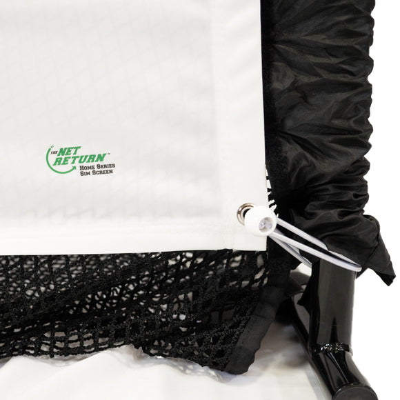 Close-up of The Net Return Simulator Screen (not returnable), attached to a black net with bungee cord—ideal as a high-impact golf simulator practice screen.