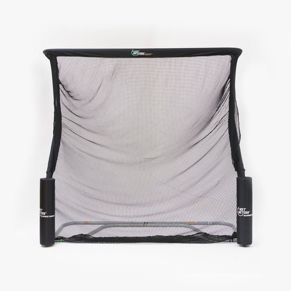 A black sports net with a mesh center and cylindrical base supports, designed for practicing various sports.