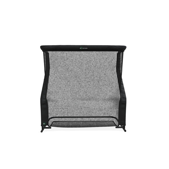 Black golf training net with a square mesh pattern and a solid border frame, designed for improving golf skills indoors or outdoors.