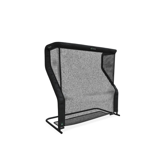 Black net rebounder with a sturdy frame designed for sports practice, featuring a rectangular mesh surface for bouncing balls back to the player.