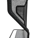 Close-up of a black mesh chair backrest with a curved design and a small storage pocket.