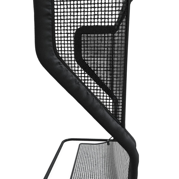 Close-up of a black mesh chair backrest with a curved design and a small storage pocket.