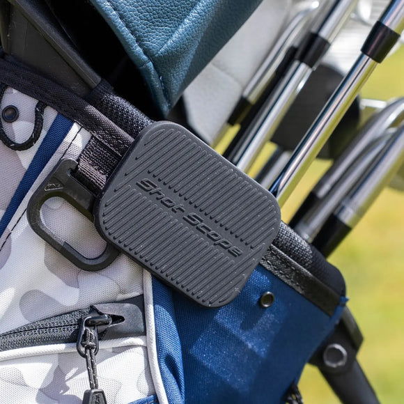 Shot Scope Magnetic Bag Clip attached to a golf bag