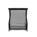 Black indoor golf hitting net with a sturdy frame, featuring a mesh design for practice and training.