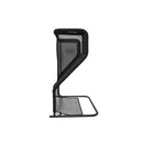 Side view of a black sports rebounder net with a curved frame and supportive base.