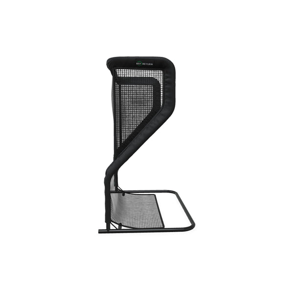 Side view of a black sports rebounder net with a curved frame and supportive base.