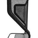 Close-up of a black mesh-backed ergonomic chair showing the curved backrest frame and seat support against a white background.