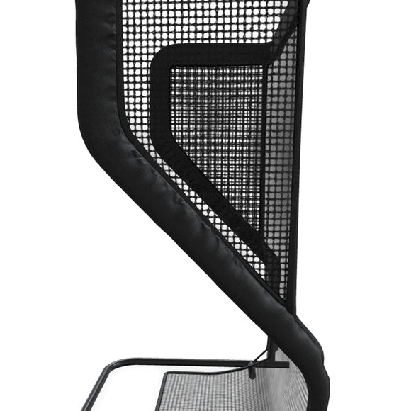 Close-up of a black mesh-backed ergonomic chair showing the curved backrest frame and seat support against a white background.