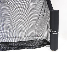 Black sports net with padded corner post, labeled "Net Return Pro Series V2," set up indoors on a white surface.