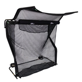 The Net Return's No Fly Zone V2 Accessory is a black, rectangular sports net with a frame and golf net extension for extra coverage, shown set up against a white background.