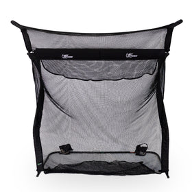 The Net Return No Fly Zone V2 Accessory is a black mesh sports net with a rectangular frame and golf net extension for extra overhead protection, designed for ball-catching during practice, shown against a white background.