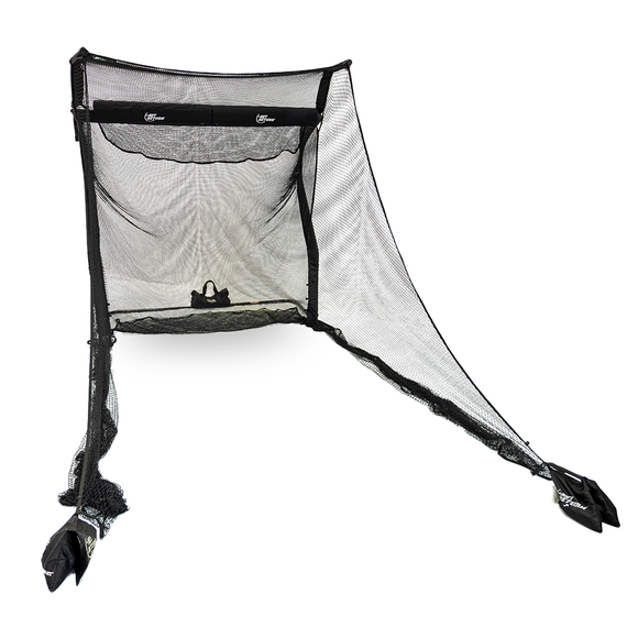 A black golf hitting net with a large mesh surface and ground stabilizers, designed for practice and training.