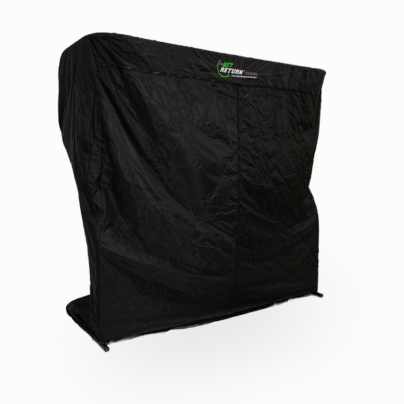 Black dust cover on a large vertical object, with a green logo at the top. The fabric is crumpled and fitted snugly.