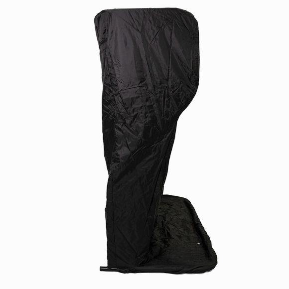A tall, black, fabric-covered object with a curved top, resembling a standalone privacy or dressing tent.